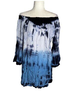 Seven Islands Off Shoulder Tie Dye Tunic Top Medium Blue Bell Sleeves Elastic
